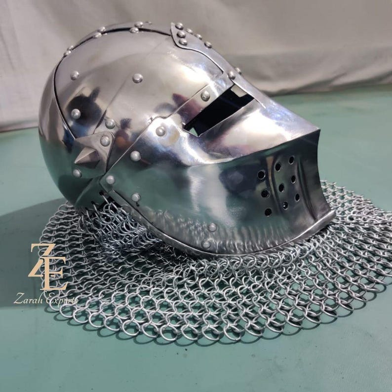 Medieval Bascinet Knight Helmet: 18 Gauge Steel, Chainmail Aventail image 7