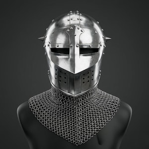 Medieval Houndskull Bascinet Helmet, 18 Gauge Mild Steel Klapvisor with Chainmail Aventail, 14th Century Knight Armor, LARP Helmet image 14
