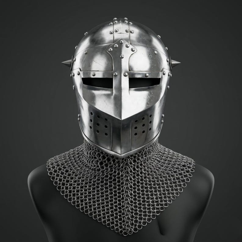 Medieval Houndskull Bascinet Helmet, 18 Gauge Mild Steel Klapvisor with Chainmail Aventail, 14th Century Knight Armor, LARP Helmet image 14