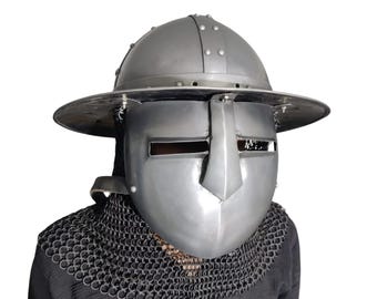 Steel Knight Helmet with Chainmail Aventail, Crusader LARP Costume Armor