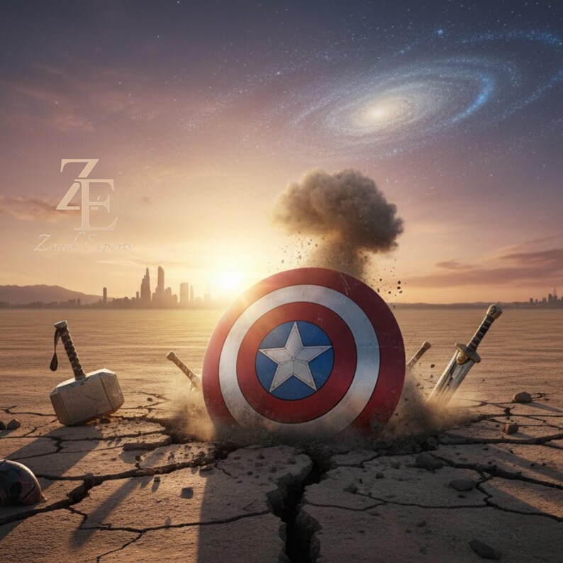 May include: A digital art piece featuring Captain America's shield, a hammer, and swords embedded in cracked earth. The shield is red, white, and blue with a white star. A city skyline and a galaxy are in the background.