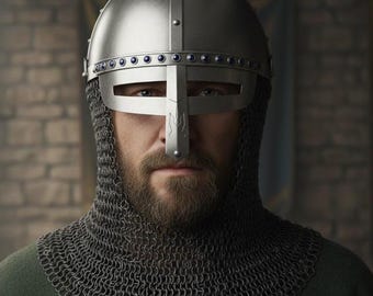 Norman Viking Steel Nasal Helmet, Chainmail Aventail, LARP SCA Armor