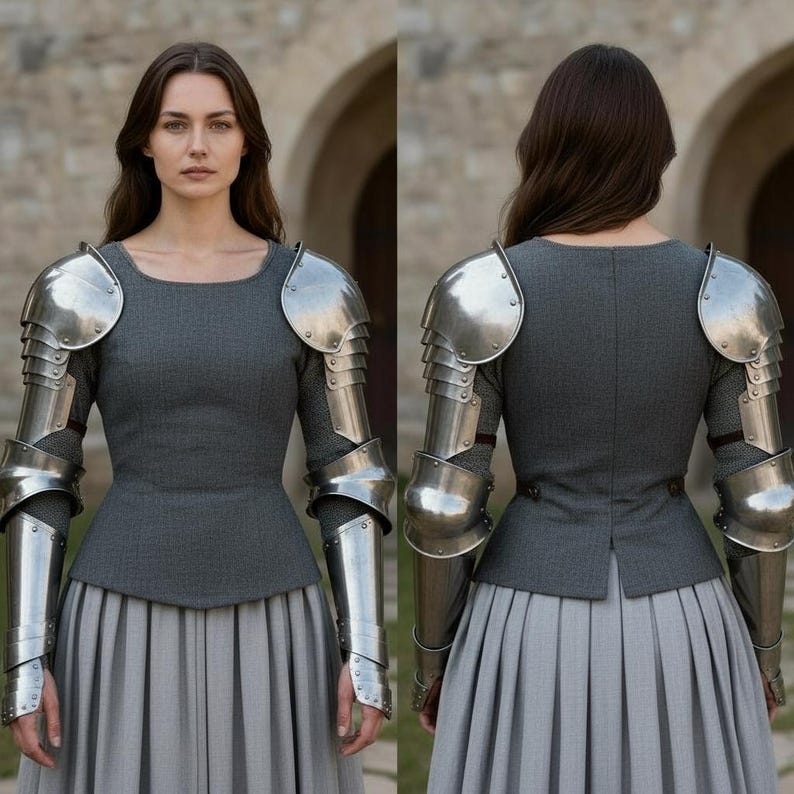 May include: A grey long-sleeved top paired with a matching pleated skirt and polished steel plate armor covering the shoulders and arms. The armor features articulated metal segments extending from the shoulder pauldrons down to the forearm guards.