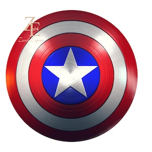 May include: A round shield with a red outer ring, a silver middle ring, and a blue center with a white star. The shield has a metallic finish and a design reminiscent of a superhero's emblem.