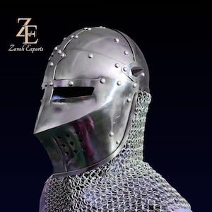 Medieval Bascinet Knight Helmet: 18 Gauge Steel, Chainmail Aventail image 10