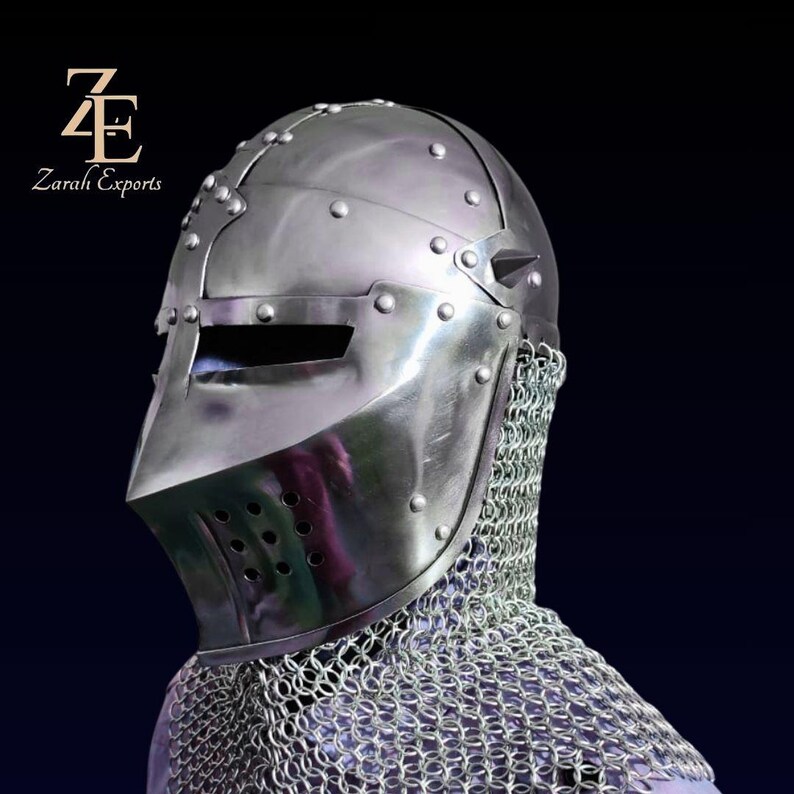 Medieval Bascinet Knight Helmet: 18 Gauge Steel, Chainmail Aventail image 10