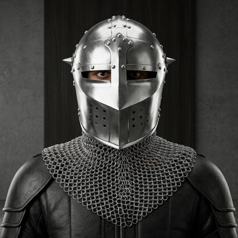 May include: A polished silver metal knight helmet with a central vertical ridge, horizontal eye slits, and small circular ventilation holes. The helmet is paired with a silver chainmail aventail that covers the neck and shoulders over black armor.
