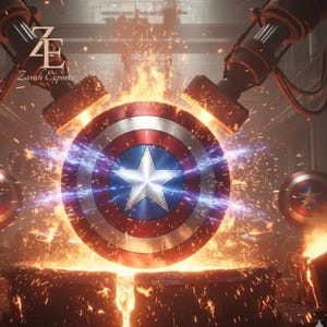May include: A Captain America shield with a white star on a blue center, surrounded by red and silver stripes. Sparks and energy surround the shield, with the text "Zarah Exports" in the upper left corner.