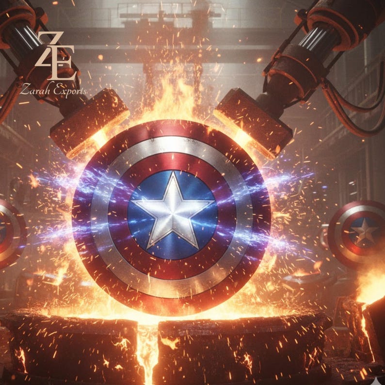 May include: A Captain America shield with a white star on a blue center, surrounded by red and silver stripes. Sparks and energy surround the shield, with the text "Zarah Exports" in the upper left corner.