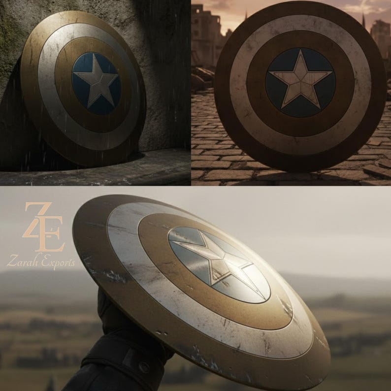 May include: A Captain America shield, featuring a silver star on a blue circle, surrounded by concentric rings of silver, white, and brown. The shield has a weathered appearance, suggesting use. The shield is a prop or collectible.
