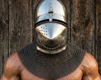 Houndskull Bascinet Helmet with Chainmail, Medieval Knight Armor, 18G Steel, Custom Options.