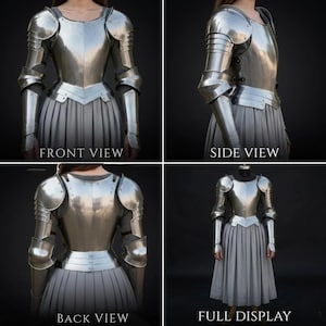 May include: A polished steel breastplate and arm armor set featuring pauldrons, vambraces, and couters. The armor is shown in front, side, and back views, paired with a grey pleated skirt. The text labels FRONT VIEW, SIDE VIEW, BACK VIEW, and FULL DISPLAY are visible.