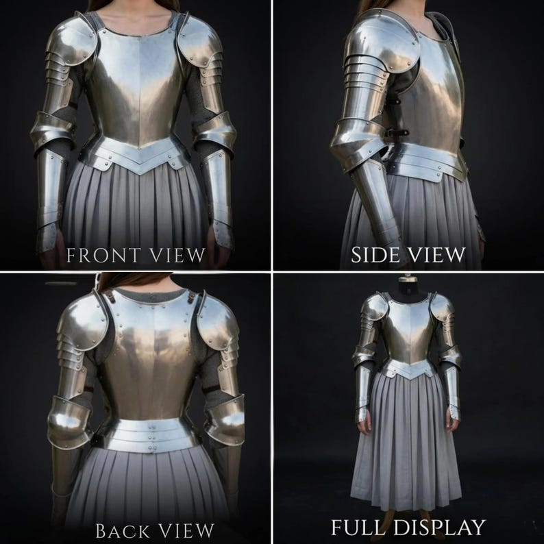May include: A polished steel breastplate and arm armor set featuring pauldrons, vambraces, and couters. The armor is shown in front, side, and back views, paired with a grey pleated skirt. The text labels FRONT VIEW, SIDE VIEW, BACK VIEW, and FULL DISPLAY are visible.