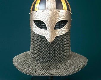 Viking Chainmail Helmet, 18 Gauge Steel Norman Helmet, LARP Cosplay Armor