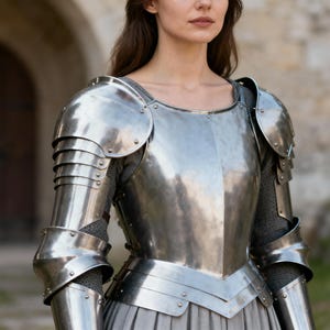 May include: A polished steel breastplate and pauldrons set featuring articulated shoulder plates and arm guards. The metallic armor is worn over a grey long-sleeved garment, showcasing a smooth, reflective surface with visible rivets and metal straps.