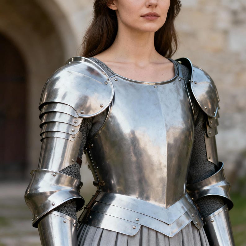 May include: A polished steel breastplate and pauldrons set featuring articulated shoulder plates and arm guards. The metallic armor is worn over a grey long-sleeved garment, showcasing a smooth, reflective surface with visible rivets and metal straps.