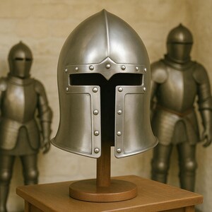 K&ouml;nnte beinhalten: Ein silberfarbener mittelalterlicher Helm mit einer T-f&ouml;rmigen Gesichts&ouml;ffnung, ausgestellt auf einem Holzst&auml;nder. Der Helm hat Nieten und eine abgerundete Oberseite. Zwei R&uuml;stungen sind im Hintergrund zu sehen.