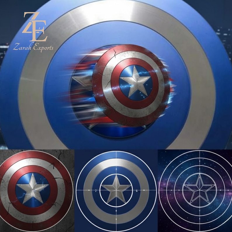 May include: A blue and silver Captain America shield with a central star design. The shield has a red and white circular pattern. The image also shows three additional shield designs, each with a star in the center.
