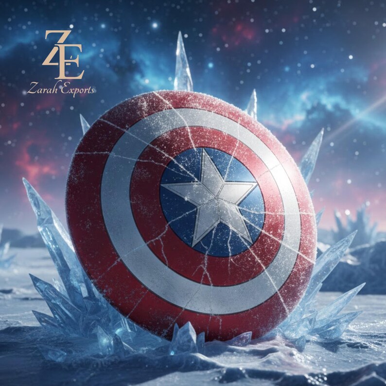 May include: A red, white, and blue shield with a white star in the center, resting on a bed of ice crystals. The shield has a circular design with a cracked appearance, set against a snowy, starry background. The text "Zarah Exports" is in the upper left corner.