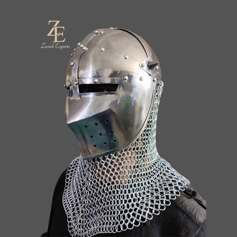 Medieval Bascinet Knight Helmet: 18 Gauge Steel, Chainmail Aventail image 18