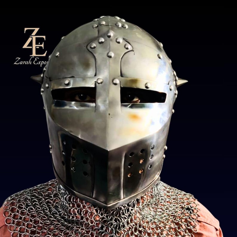 Medieval Bascinet Knight Helmet: 18 Gauge Steel, Chainmail Aventail image 11