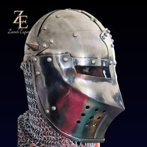 Medieval Bascinet Knight Helmet: 18 Gauge Steel, Chainmail Aventail image 13