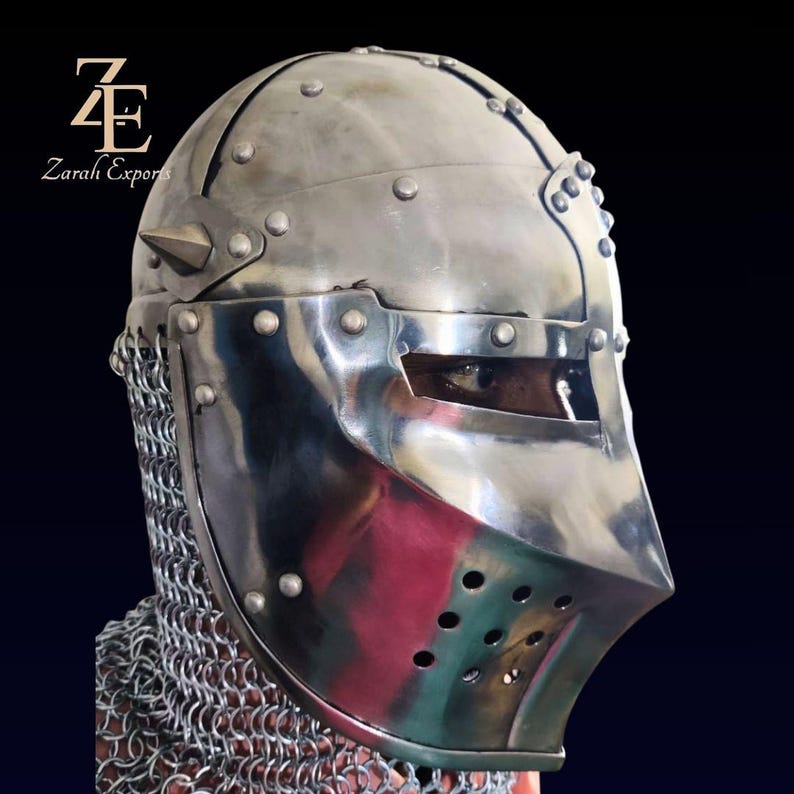 Medieval Bascinet Knight Helmet: 18 Gauge Steel, Chainmail Aventail image 13