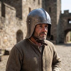 Pode incluir: Um capacete de aço polido com coroa arredondada e aba larga e curva. O capacete apresenta uma série de pequenos rebites ao longo da borda inferior e uma tira de queixo de couro castanho escuro com uma fivela de metal sob o queixo.