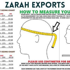 May include: Helmet sizing chart with adult and youth sizes, in inches and centimeters. Includes a diagram showing how to measure head circumference for the best fit. The chart is from Zarah Exports.