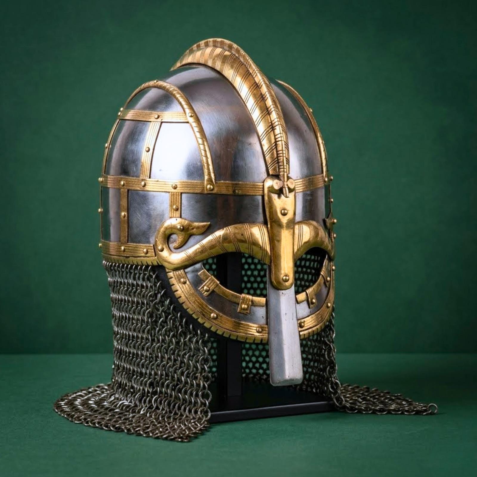 Viking Wolf Warrior Helmet With Chainmail Aventail, Polished Steel