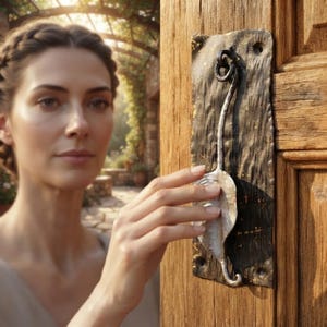 May include: A hand-forged black metal door knocker featuring a textured rectangular backplate and a central vertical stem topped with a ring and a leaf-shaped striking element, mounted on a vertical wooden door with visible grain patterns.