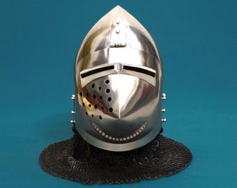 Casco bascinet con calavera de perro y cota de malla / armadura de caballero de acero de calibre 18