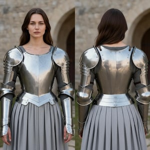 May include: A polished steel breastplate and matching pauldrons with arm guards worn over a grey pleated skirt. The armor features a smooth, reflective metallic finish with visible rivets and articulated segments on the shoulders and arms.