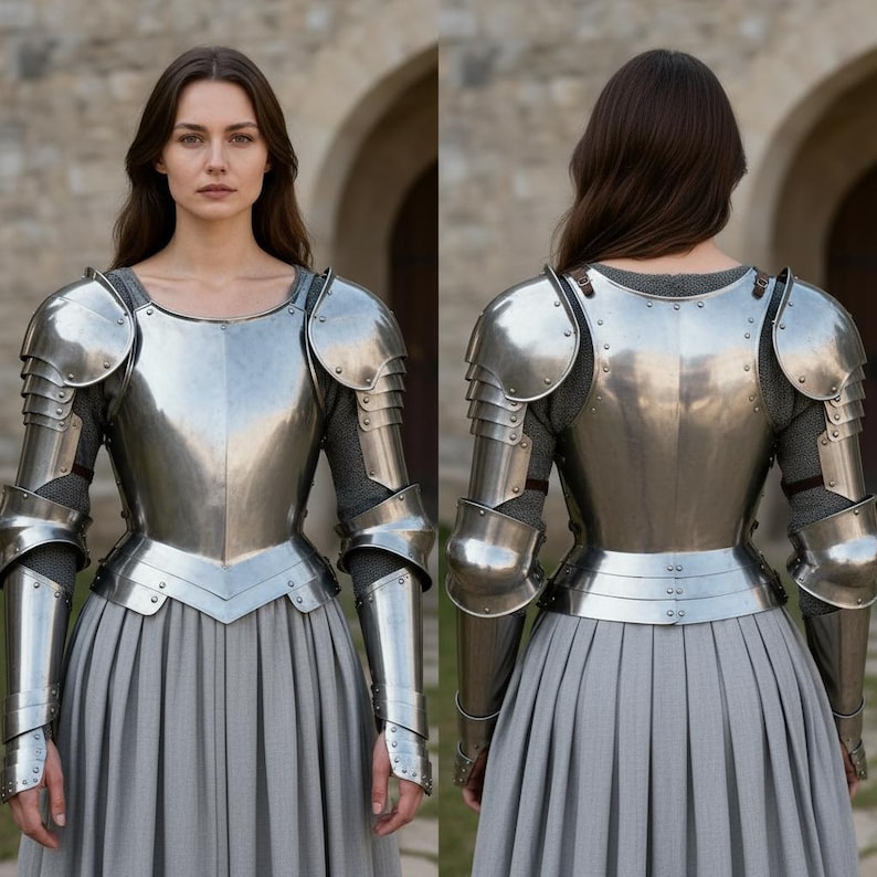 May include: A polished steel breastplate and matching pauldrons with arm guards worn over a grey pleated skirt. The armor features a smooth, reflective metallic finish with visible rivets and articulated segments on the shoulders and arms.