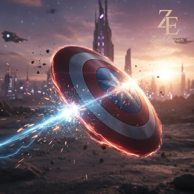 May include: A red, white, and blue shield with a star emblem, surrounded by a fiery glow, is depicted in a dynamic action scene. Sparks and energy beams emanate from the shield against a futuristic cityscape backdrop. The image includes the text "Zarah Exports".