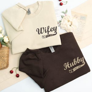 Personalized Wifey and Hubby Sweatshirt, Custom Date Couple Hoodie, Matching Couple Shirt, Newlywed Honeymoon Outfit, Gift for Bride