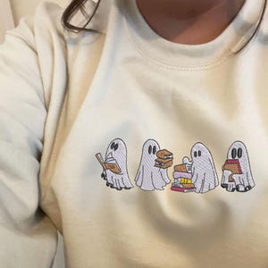 Ghost Reading Halloween Embroidered Sweatshirt, Ghost Hoodie, Ghost Reading Books, Fall Crewneck, Halloween Embroidery, Ghost Book Sweater