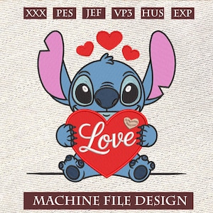 Stitch Love Embroidery Heart / Cute Floral Stitch Patch, Tropical Stitch Applique, Valentine Embroidery Cartoon File / Trendy Cartoon
