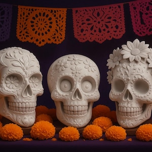 May include: Three white decorative skulls with floral designs, surrounded by orange marigold flowers and lit candles. The skulls are set against a dark background with colorful paper cutouts, evoking a Day of the Dead theme.