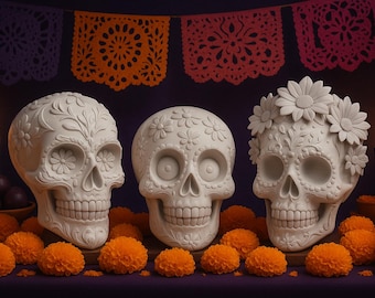 Set van 3 Sugar Skull STL-bestanden • 3D-modellen van de Mexicaanse Dag van de Doden