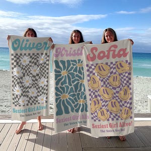 Personalized Retro Beach Towel with Name – Custom Summer Gift for Her, Birthday, Vacation, Bachelorette, Pool, Boho Style Towel
