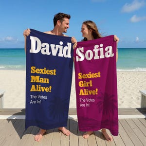 Personalized Beach Towel – Custom Name “Sexiest Girl/Man/Couple Alive” Gift, Funny Summer Towel for Vacation, Pool, Bachelorette