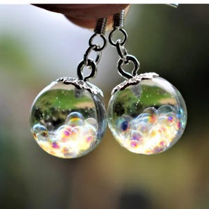 Fairy Bubble Earrings, Rainbow Resin Spheres, Sterling Silver