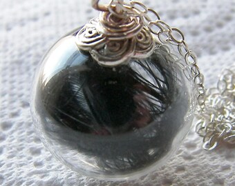 Collar de globo de cristal con plumas negras: plata de ley, joyería gótica