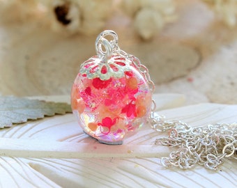 Real Flower Necklace, Cherry Blossom Necklace, Dainty Necklace, Tiny Pink Sphere Charm, Nature Inspired Jewelry, Floral Gift for Her