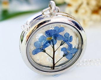 Forget me Not Locket, Wildflower Pendant, Pressed Flower, Flower Gift, Remembrance Gift, Jewelry for Women, Forget me nots Necklace