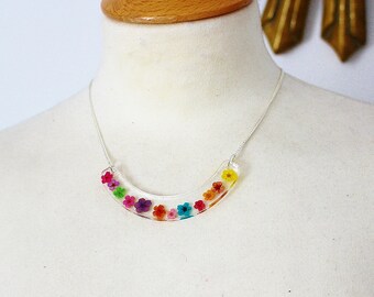 Real Flower Necklace, Flower Bib, Rainbow Necklace, Resin Necklace, Gift for Her, Modern Necklace, Jewelry for Women