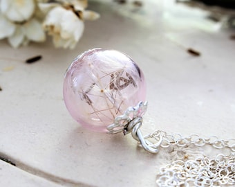 Dandelion Wish Necklace, Pink Fairy Necklace, Real Flower Necklace, Silver Glass Bead Necklace, Thanksgiving Gifts