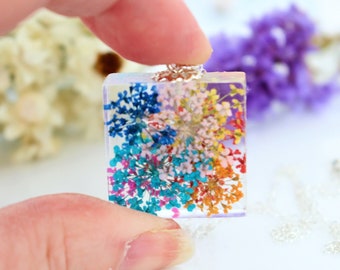 Rainbow Necklace, Pressed Flower Necklace, Resin Jewelry, Gift for Her, Flower Jewellery