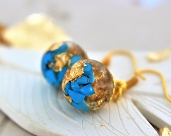 Turquoise Gemstone Earrings, December Birthday, Resin Sphere Earrings with gold flakes, Boho Earrings, Birthstone Jewellery, Gift for Her